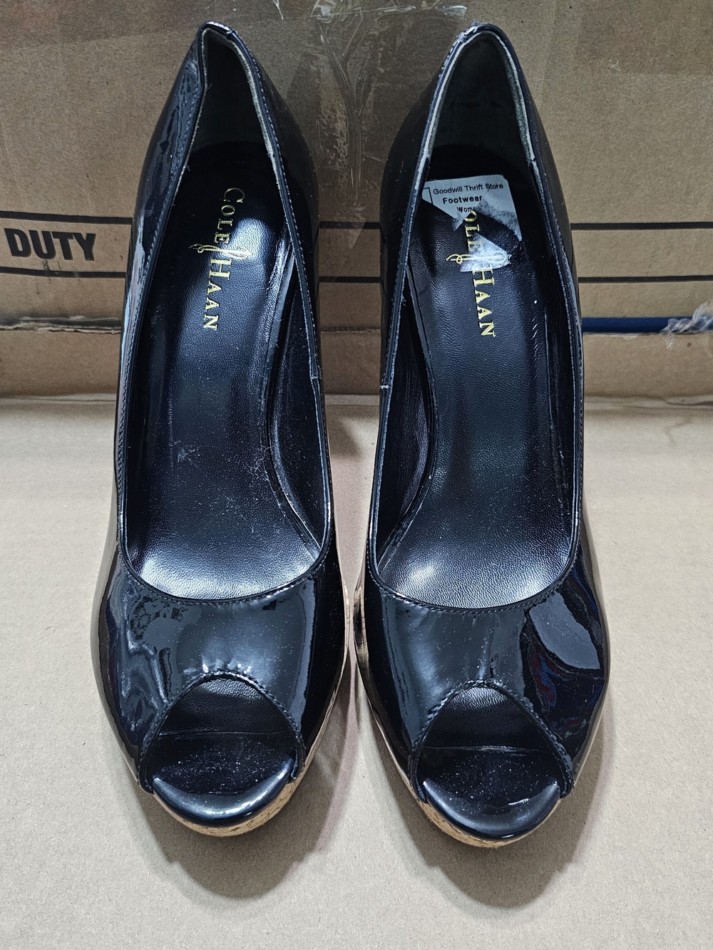Cole Haan Black Patent Leather Peep-Toe Wedge Pumps Size 8B